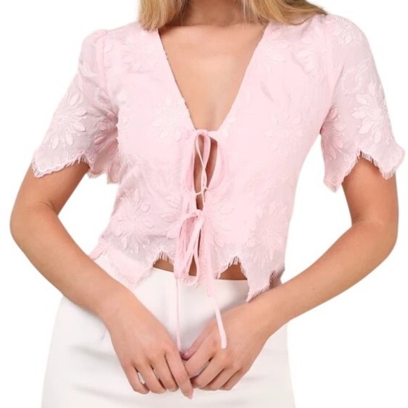 Lulus Tops - Lulus NWT Pink Floral Embroidered Tie Front Crop Top Scallop Hem Size Medium